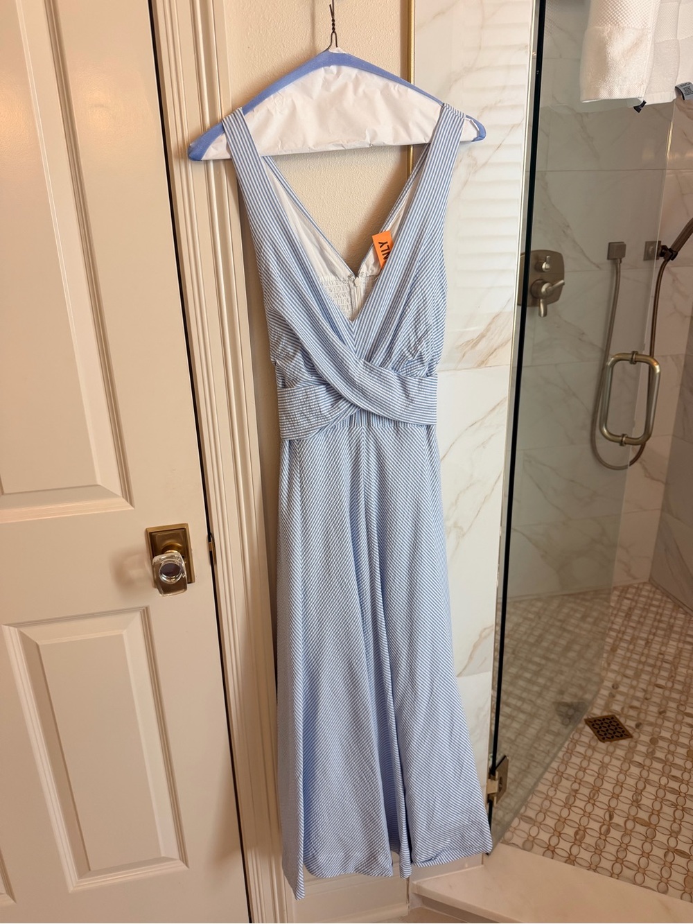 Maeve Pale Blue Striped V-Neck Maxi Dress